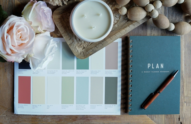 paint colour swatches with blush roses and candle home decor palette